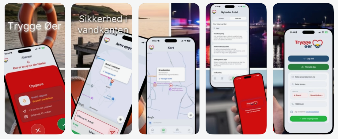 Skærmbilleder af Trygge Øer-appen: alarmvisning, aktiv opgave, kort med brandstation, nyheder og råd samt login/tilmelding